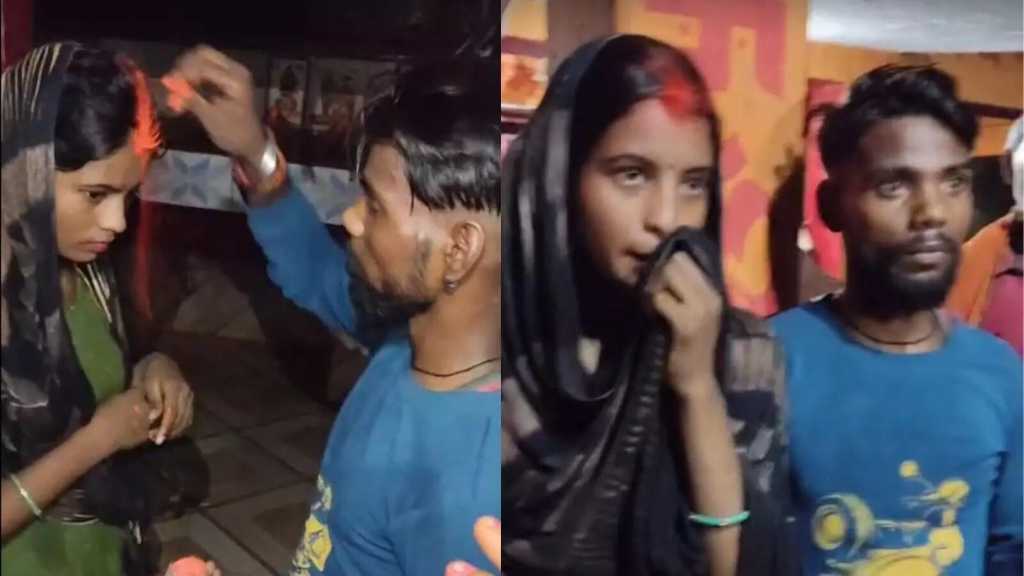 “கணவனை விட்டுவிட்டு நண்பனுடன் கள்ளக்காதல்”…  கள்ளக்காதலனுக்கும், மனைவிக்கும் காளி கோவிலில்  கட்டாய திருமணம்… வைரலாகும் வீடியோ…!!!