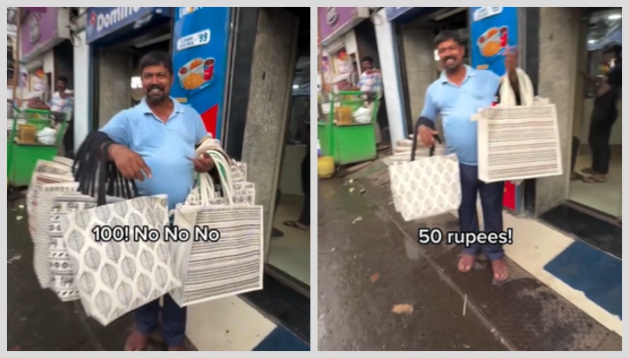 “ரூ.500, ரூ.400, ரூ.300, ரூ.200, ரூ.100”.. பேரம் பேசியே 500 ரூபாய் பையை 50 ரூபாய்க்கு வாங்கிய வெளிநாட்டு பயணி… அதுவும் இந்தியாவில்… வைரலாகும் வீடியோ..!!!