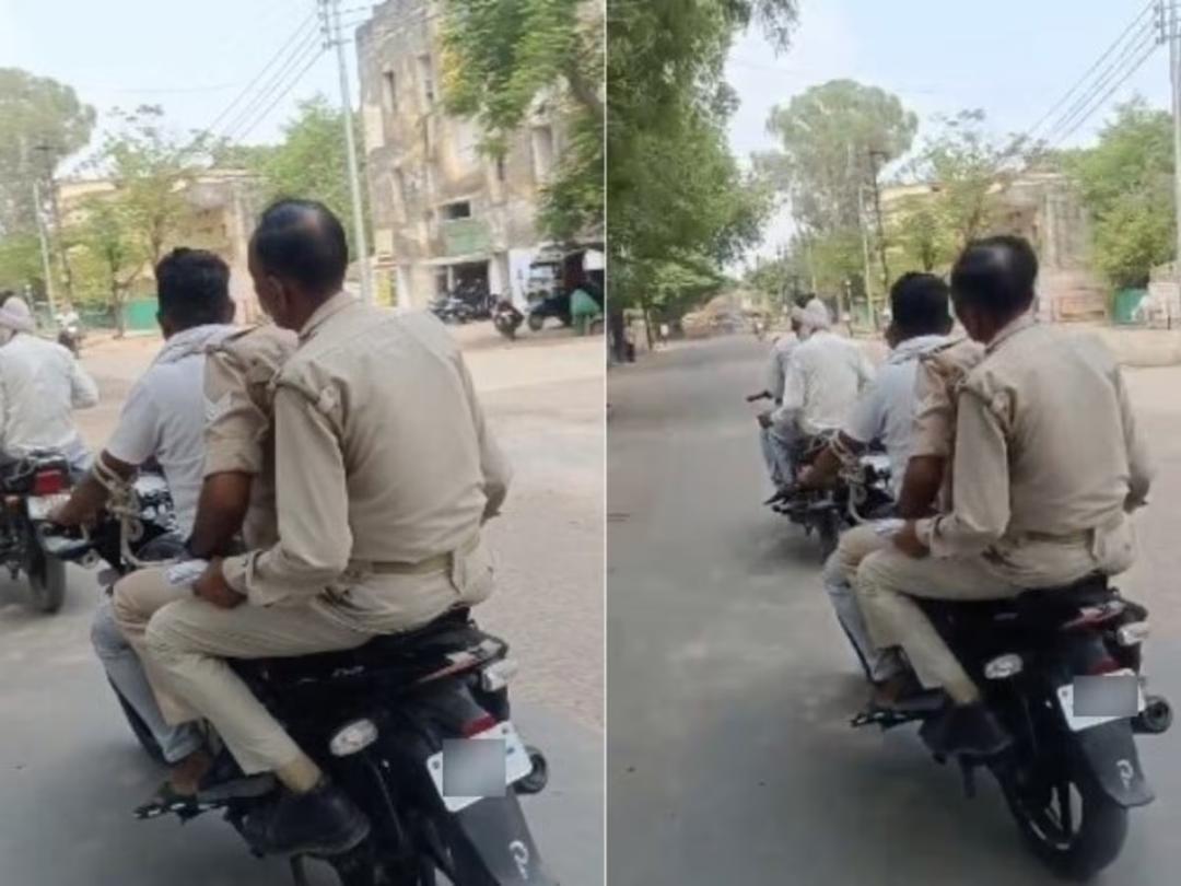 வெடித்தது சர்ச்சை…! “கை விலங்கோடு பைக் ஓட்டிய குற்றவாளி”… பின்னால் அமர்ந்திருந்த போலீஸ்காரர்கள்… வீடியோவை வெளியிட்ட காங்கிரஸ்… கடும் கண்டனம்…!!!