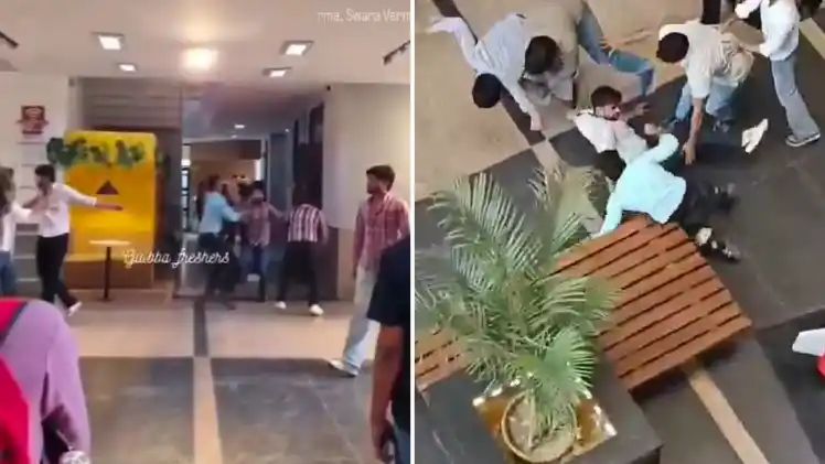 அப்படி என்னதான் பிரச்சனை…? “காலேஜுக்குள் அடிதடி”… ஒருவருக்கொருவர் கடுமையாக அடித்துக் கொண்ட மாணவர்கள்… வைரலாகும் அதிர்ச்சி வீடியோ..!!!