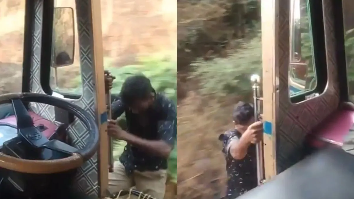 அது எப்படி திமிங்கலம்…!! ஓடும் லாரியில் இருந்து இறங்கி மீண்டும் டிரைவர் சீட்டுக்கு வந்த நபர்…. இணையத்தில் வைரலாகும் வீடியோ…!!