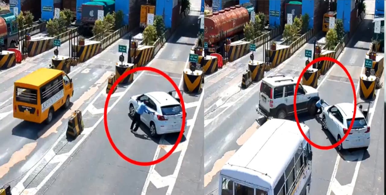 ஜெட் வேகத்தில் வந்த கார்…!  போலீஸ்காரருக்கு நேர்ந்த விபரீதம்… வழியில் அலறி துடித்து… பதற வைக்கும் வீடியோ காட்சிகள்..!!