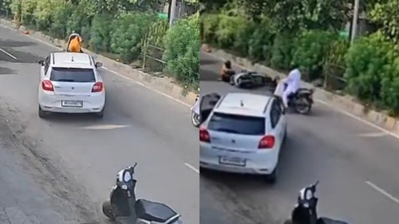 ஸ்கூட்டியில் சென்ற ஆசிரியை…. காரில் வந்து மோதிய பள்ளி மாணவர்கள்…. திட்டம் போட்டு…? கணவரின் புகார்…. வைரலாகும் வீடியோ….!!
