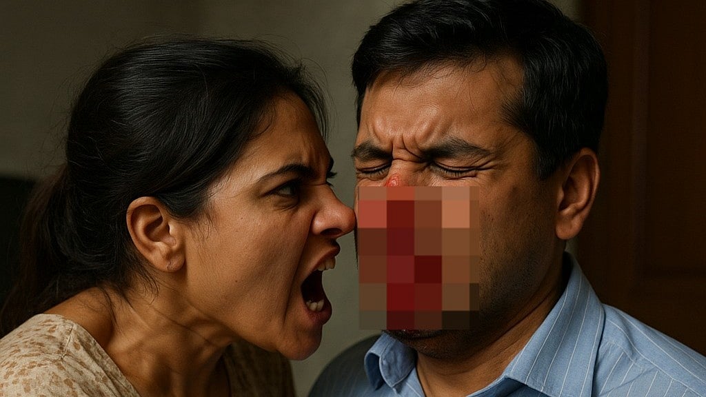 வீட்டுக்கு ஏன் லேட்டா வந்தா.? “பதில் சொல்லு”… கணவனிடம் மல்லுக்கட்டிய மனைவி… ஆத்திரத்தில் வெறிகொண்டு மூக்கை கடித்து… ரத்தம் வடிய போலீஸ் ஸ்டேஷனுக்கு ஓடிய சம்பவம்…!!!
