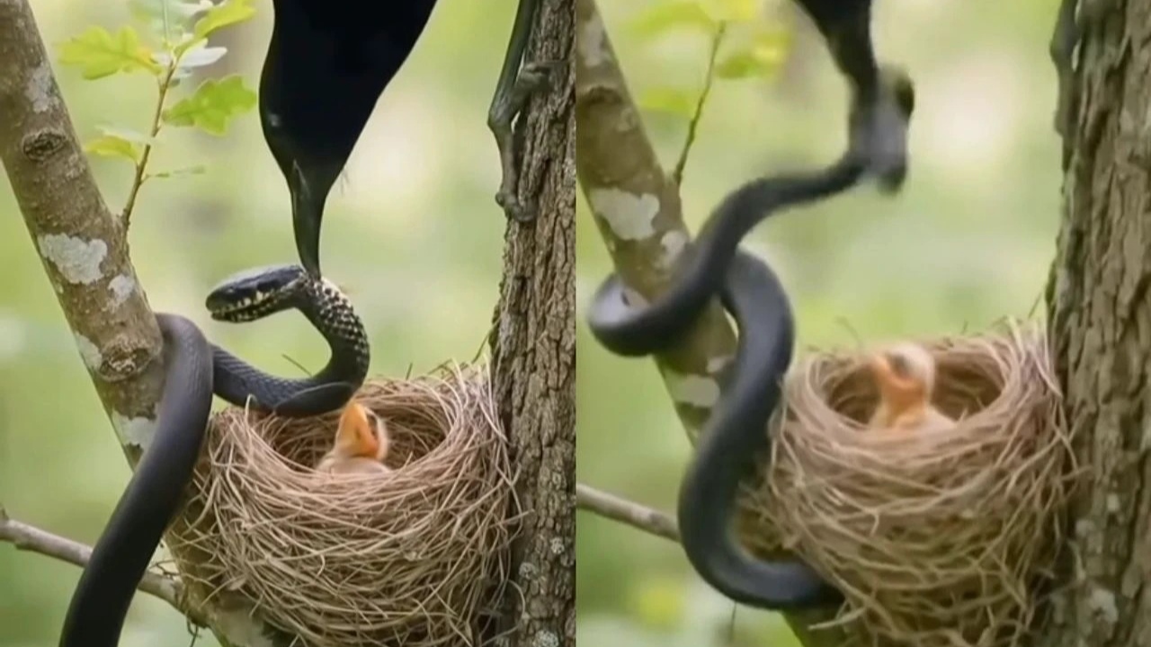 பறவை குஞ்சை தாக்க முயன்ற பாம்பு…. சட்டென கொத்தி தூக்கி வீசிய தாய் பறவை…. இணையத்தில் வைரலாகும் வீடியோ….!!