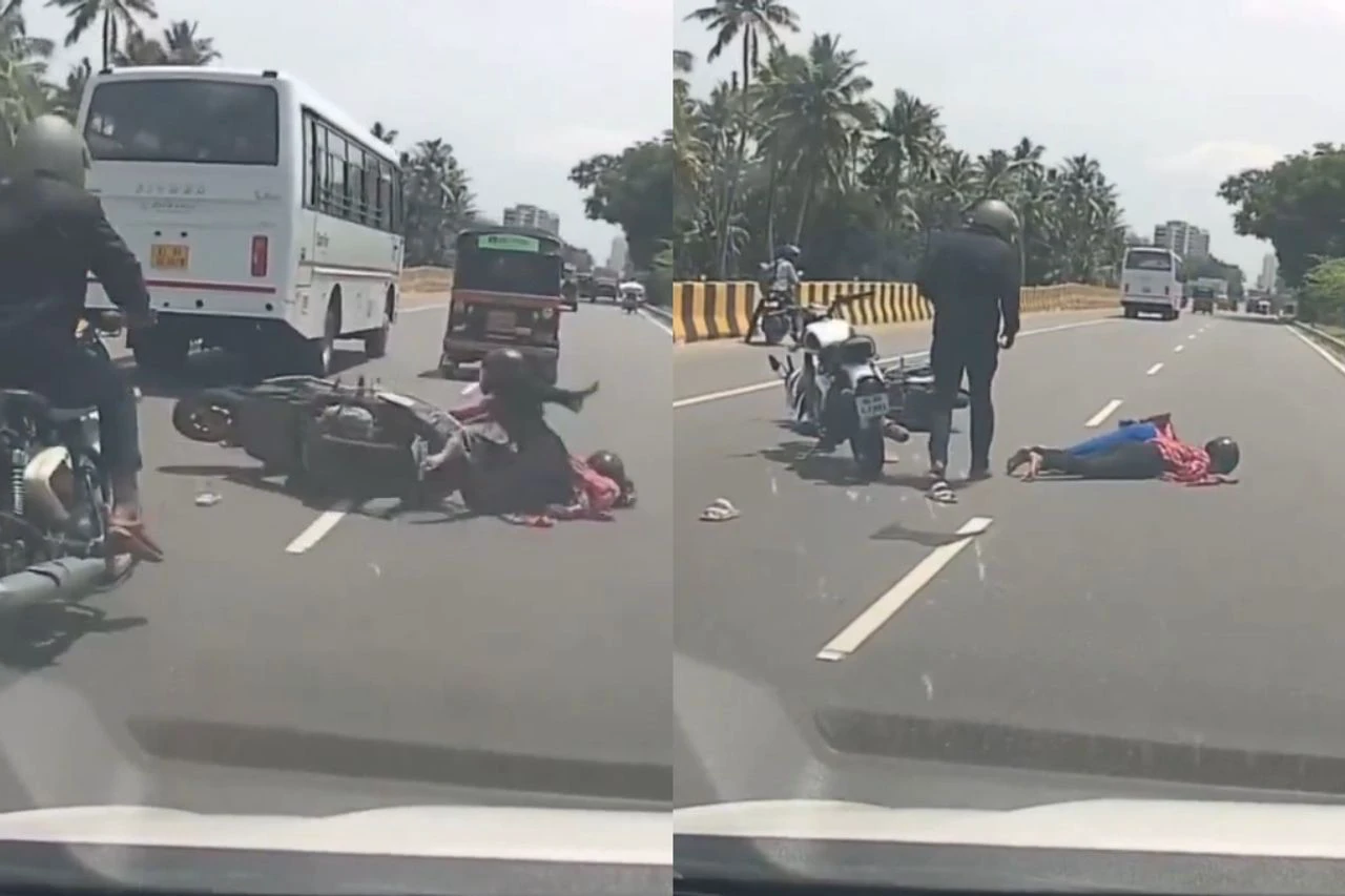நல்லாத்தானே போயிட்டு இருந்தாங்க….! திடீரென ஸ்கூட்டியில் இருந்து கீழே விழுந்த பெண்கள்…. பின்னால் வந்த வாகனங்கள்….. வைரலாகும் வீடியோ….!!