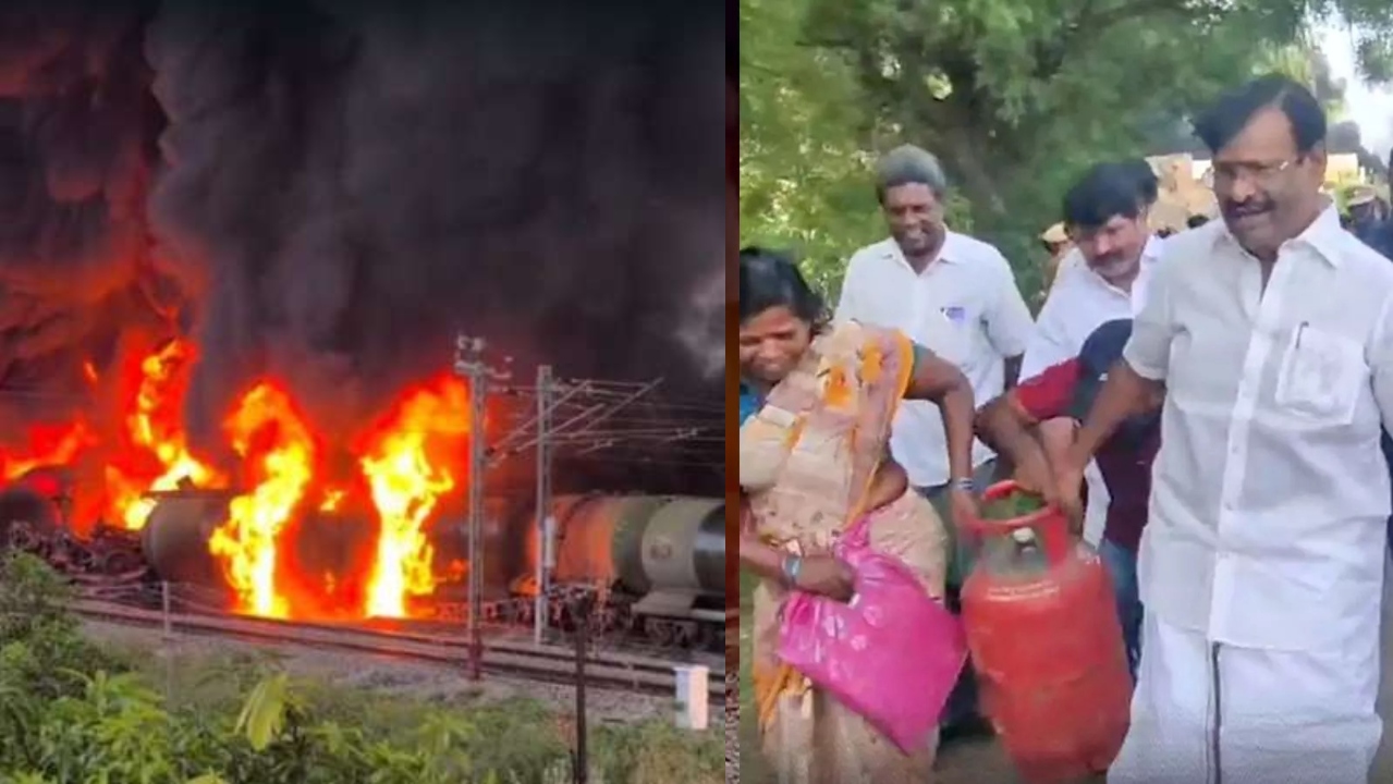 சரக்கு ரயில் பயங்கர தீ விபத்து….! சிலிண்டர் தூக்கி, சாப்பாடு கொடுத்து பொதுமக்களுக்கு ஆறுதல் கூறிய அமைச்சர்….. வைரலாகும் வீடியோ….!!