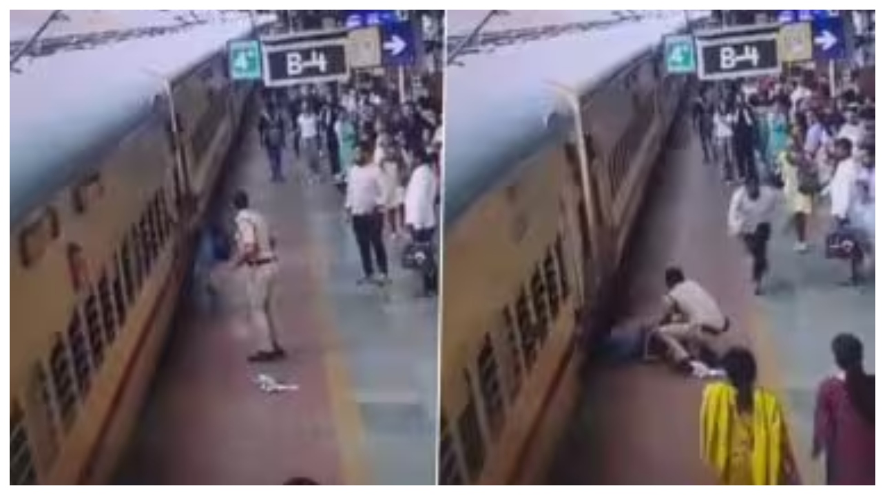 ஓடும் ரயிலில் வேகமாக ஏறிய பெண்… நிலை தடுமாறி கீழே விழுந்து… துரிதமாக செயல்பட்ட RPF வீரர்.. வைரலாகும் அதிர்ச்சி வீடியோ..!!