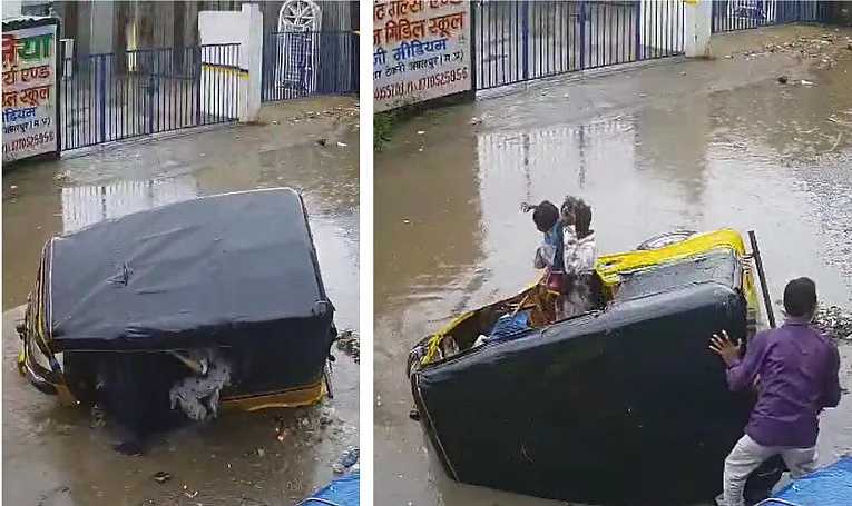“ரோடு எங்கடா, பள்ளம் தான் இருக்கு”… அம்புட்டு இடத்திலேயும் தண்ணீர்… ஆட்டோவோடு கவிழ்ந்து… அலறி துடித்த பெண்கள், குழந்தைகள்… அதிர்ச்சி வீடியோ..!!