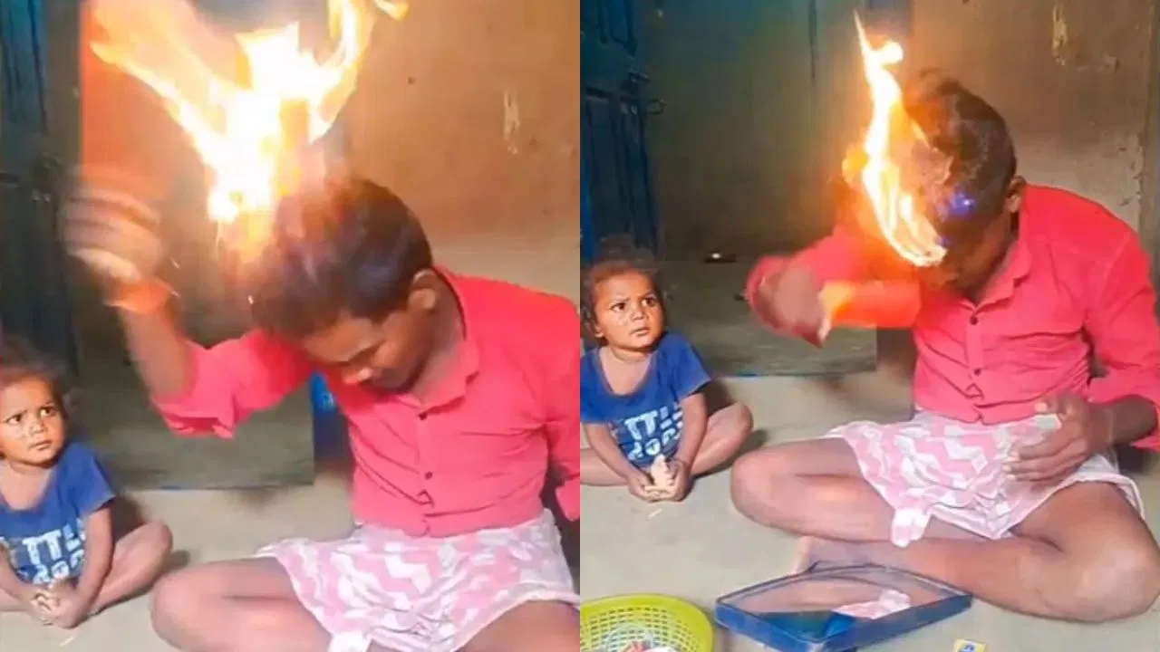 “குழந்தையின் கண் முன்னே”… தனக்குத் தானே தலையில் தீ வைத்துக் கொண்ட தந்தை… கண்ணை மறைத்த ரீல்ஸ் மோகம்… வைரலாகும் வீடியோ…!!!!