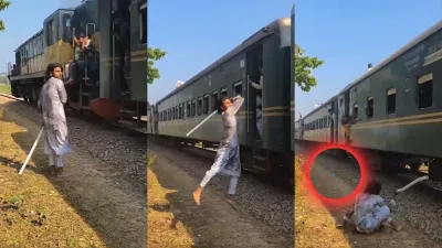 உஷாரய்யா உஷார்…! கையில் குச்சியுடன் நின்ற வாலிபர்…. ரயில் வந்ததும் செல்போனுடன் வந்தவரை அடித்து…. அடுத்து நடந்த அதிர்ச்சி சம்பவம்…. வைரலாகும் வீடியோ….!!