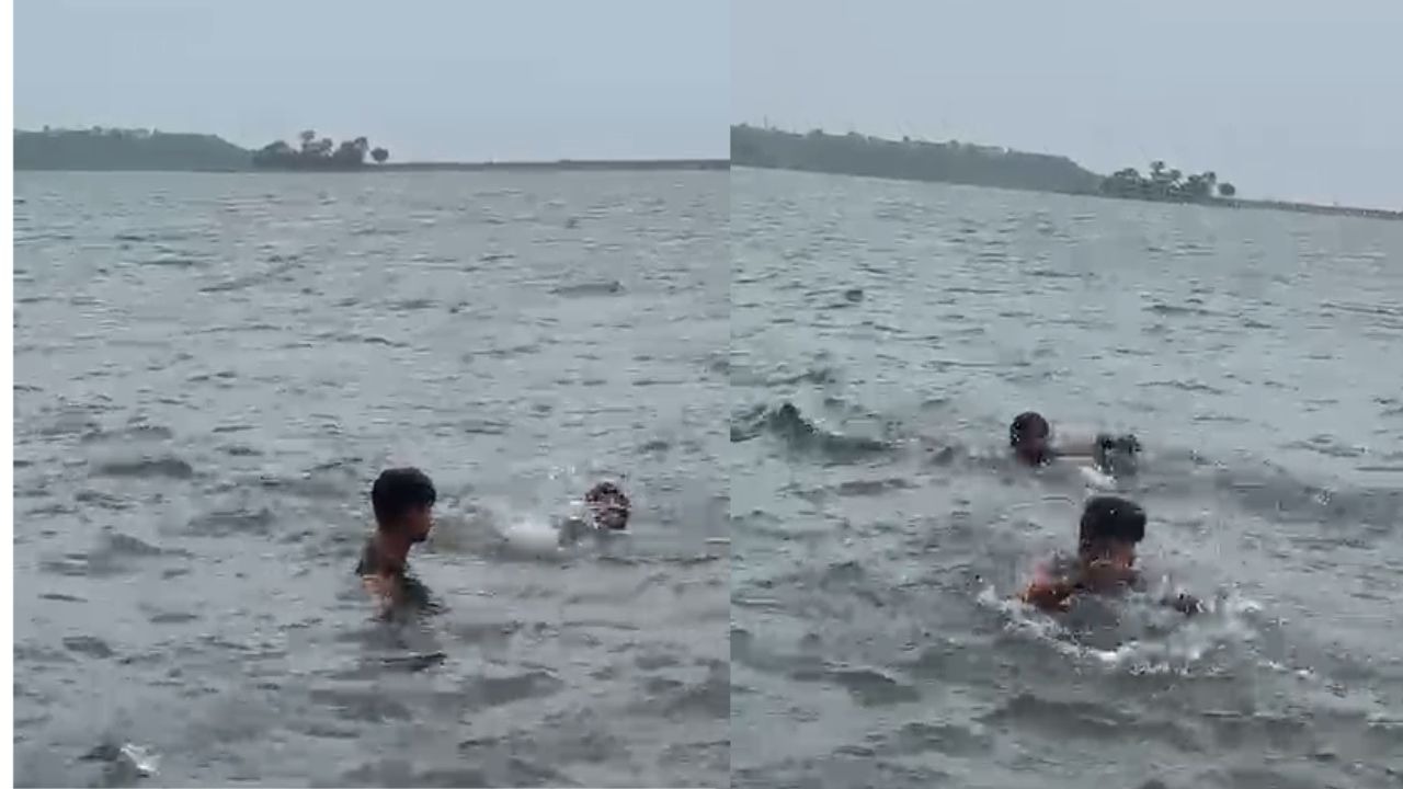 ஆர்வமாக வீடியோ எடுத்த நண்பர்கள்….! “நீந்தி கொண்டிருந்த இளைஞர்…” அடுத்த நொடியே இப்படியா ஆகணும்…. அதிர்ச்சியூட்டும் வீடியோ வைரல்….!!