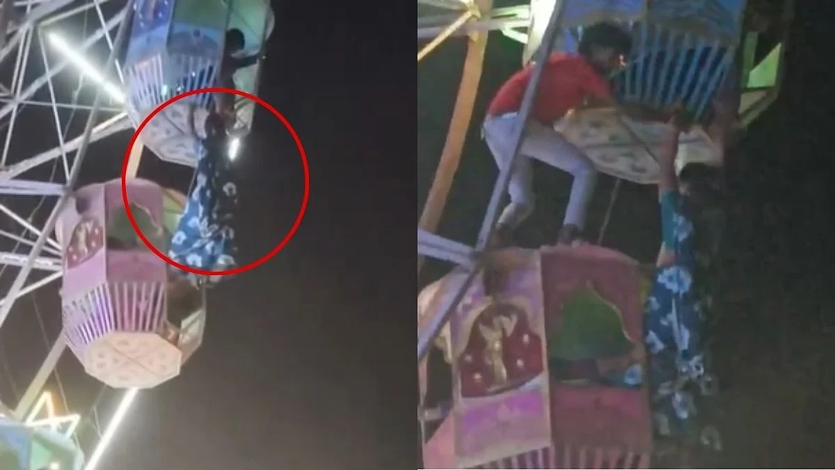 பார்த்தாலே பதறுது..! ராட்சத ராட்டினத்தில் தொங்கிக் கொண்டிருந்த சிறுமி… காப்பாற்றிய துணிச்சலான ஊழியர்… வைரலாகும் பரபரப்பு வீடியோ..!!