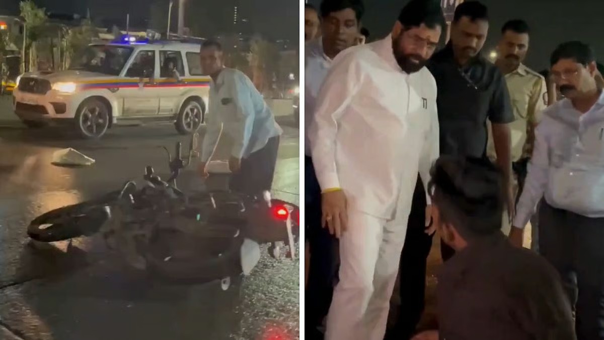 நடு ரோட்டில் ரத்த வெள்ளத்தில் பரிதாபமாக நின்ற வாகன ஓட்டி..! “பைக் கவிழ்ந்து விபத்து”… பதறி அடித்து ஓடி வந்து உதவிய ஏக்நாத் ஷிண்டே… வைரலாகும் வீடியோ…!!!