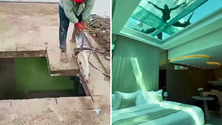 ரூமுக்கு வெளியே நீச்சல் குளம் இருந்து பார்த்திருப்போம்… ஆனா இங்க பெட்ரூமில் மேல் கூரையில இருக்குது… மனைவியின் ஆசையை நிறைவேற்றிய கணவன்… வைரலாகும் வீடியோ..!!!