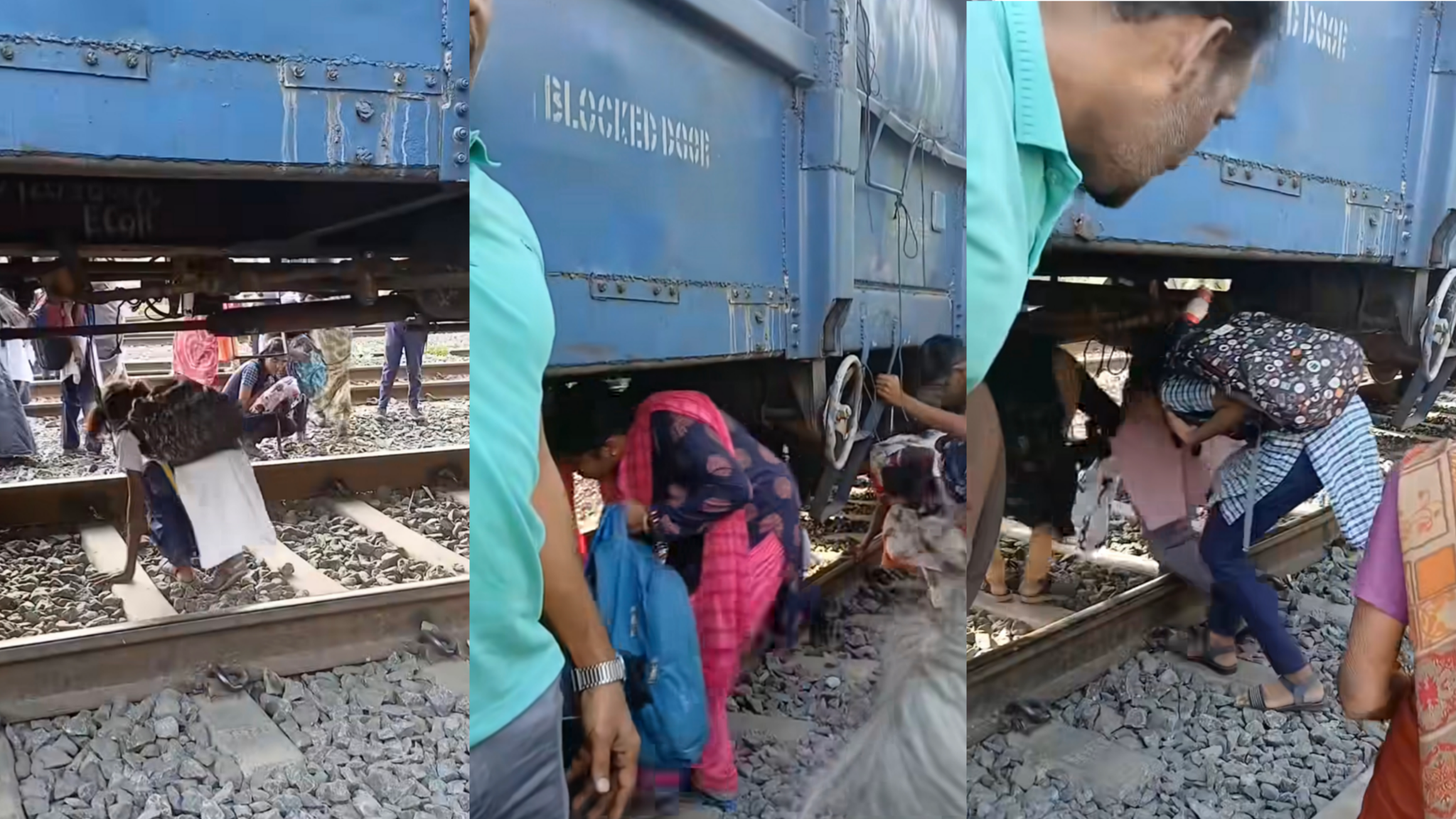 “ரிஸ்க்…ரிஸ்க்…ரிஸ்க்” டெய்லி இப்படி தான் நிறுத்துறாங்க…. ரயிலுக்கு அடியில் குனிந்து செல்லும் பள்ளி மாணவர்கள்…. வைரலாகும் வீடியோ…!!