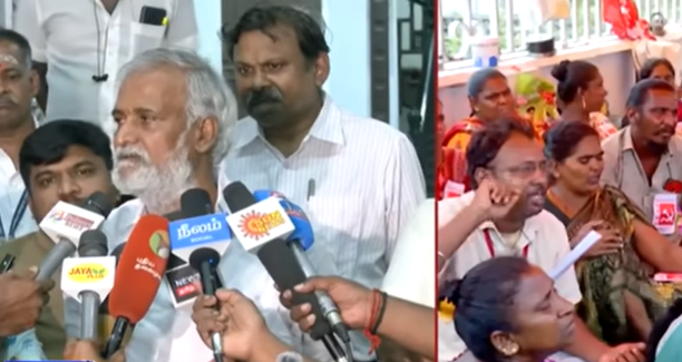 நாங்க தேர்தல் வாக்குறுதி கொடுத்தோமா…? “திமுக அமைச்சரின் பேச்சால் அதிருப்தியில் தூய்மை பணியாளர்கள்”…. வாக்கு கொடுக்கவில்லை என திட்டவட்ட பேட்டி…!!!