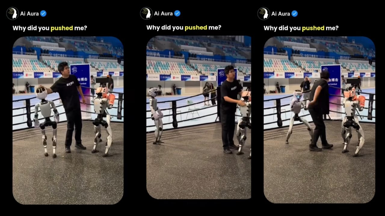 என்ன ஏண்டா தள்ளி விட்ட…? சண்டைக்கு வாடா… இளைஞருடன் மல்லுக்கு நின்ற ரோபோ… வைரலாகும் வீடியோ…!!