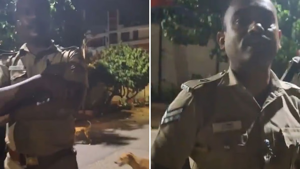 நாய்களுக்கு சாப்பாடு போட லேட்டா வெளியே வருவீங்களா…! “இந்த டைம்ல வெளிய வந்தா”… பெண்ணை பாலியல் ரீதியாக எச்சரித்த போலீஸ்காரர்… அதிர்ச்சி வீடியோ..!!!!