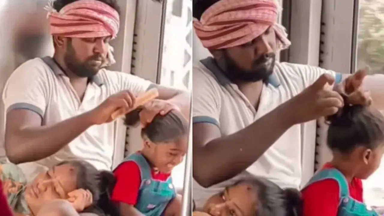 அப்பாவுக்கு எப்பவுமே மகள்கள்தான் இளவரசிகள்..! ஓடும் ரயிலில் மகளுக்கு ஜடை பின்னி அழகு பார்த்த தந்தை.. பலரின் உள்ளத்தைக் கவர்ந்த வீடியோ..!!