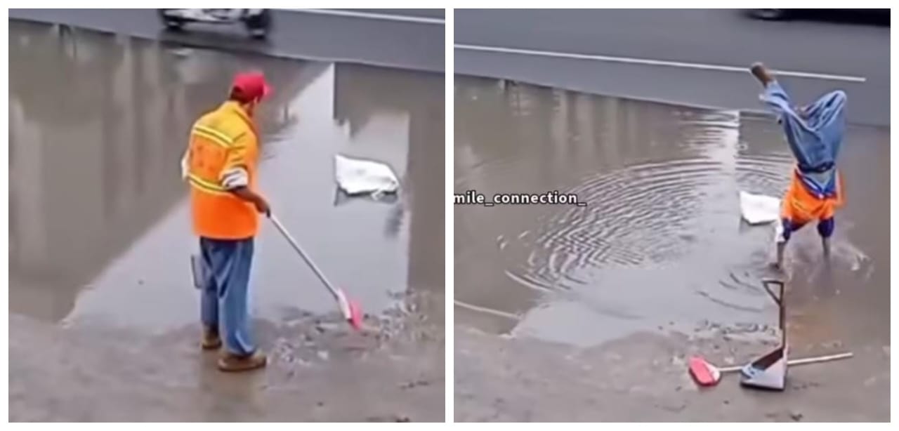 புது ஷூ அழுக்காக கூடாது… சாலையை சுத்தம் செய்து கொண்டிருந்த தூய்மை பணியாளர்… திடீரென தலைகீழாக நின்று சாகசம்… என்னன்னு நீங்களே பாருங்க… வைரலாகும் வீடியோ…!!!