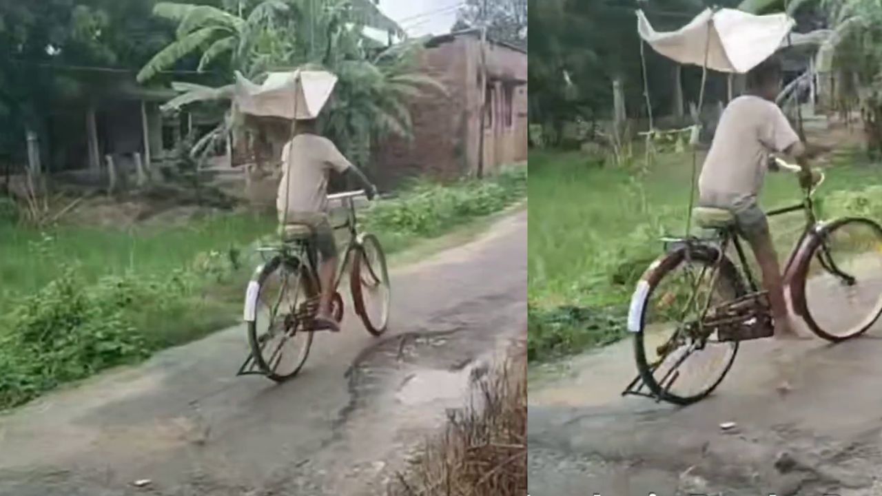 “காரில் மட்டும் தான் நனையாமல் போக முடியுமா”..? யாருங்க சொன்னது… இனி மழை பெய்தாலும் நனையாமல் சைக்கிள் கூட ஓட்டலாம்… சிறுவனின் அசத்தல் கண்டுபிடிப்பு… திகைக்க வைக்கும் வீடியோ..!!!