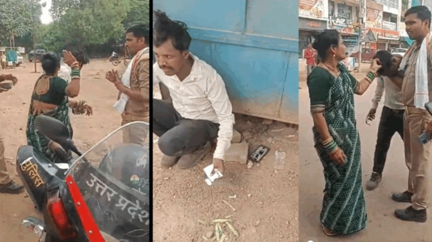 என்னா அடி..! குடிபோதையில் நடுரோட்டில் கணவனை சரமாரியாக அடித்த மனைவி… போலீசால் தடுக்க முடியாத நிலை… வைரலாகும் வீடியோ..!!