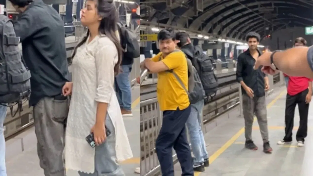 மெட்ரோ ரயில்வே ஸ்டேஷனில் நைசாக வந்து வாலிபரின் பேண்ட் பாக்கெட்டில் கை வைத்த பெண்..!  செல்போனை எடுத்து.. மாட்டிய பிறகு பிராங்க் செய்ததாக சிரிப்பு… வைரலாகும் வீடியோ…!!!
