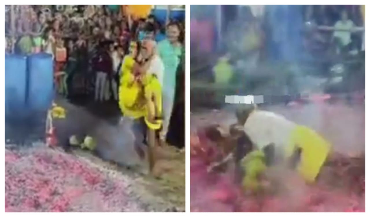 தீமிதிக்க தயங்கி நின்ற பெண்…! “தூக்கிக் கொண்டு தீக்குழியில் இறங்கிய முதியவர்”… அடுத்து நடந்த பயங்கரம்… பகீர் வீடியோ…!!