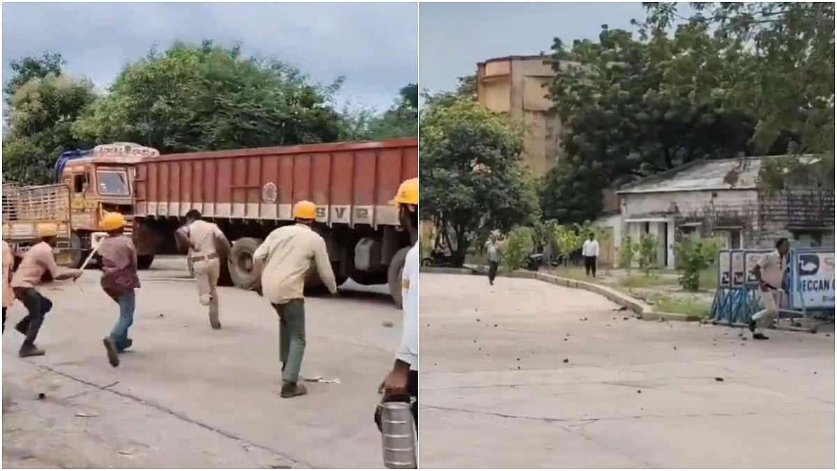 தொழிலாளர்களுக்கும் போலீசுக்கும் இடையே நடந்த மோதல்… கற்களை எரிந்து வன்முறையில் ஈடுபட்ட கும்பல்… என்ன காரணம்?.. வைரலாகும் அதிர்ச்சி வீடியோ…!!!