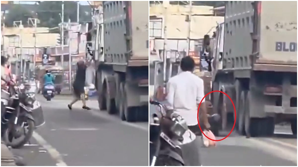 நடு ரோட்டில் அதிவேகமாக சென்ற லாரி..! “தடுத்து நிறுத்த முயன்ற நபர்”… உயிரே போகும் அபாயத்திற்கு சென்ற பயங்கரம்… பதற வைக்கும் பகீர் வீடியோ..!!