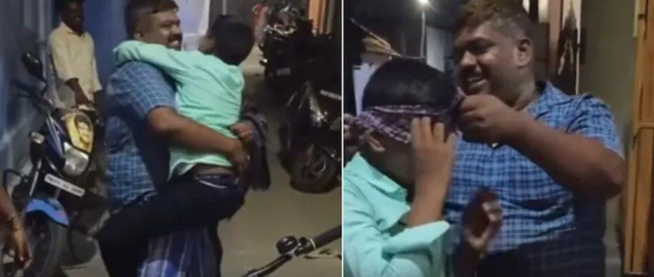 பணமல்ல.. உணர்வு தான் உண்மையான பரிசு… பல நாள் ஆசைப்பட்ட சைக்கிளை மகனுக்கு சர்ப்ரைஸ் ஆக வாங்கிக் கொடுத்த தந்தை… நெகிழ வைக்கும் வீடியோ…!!!