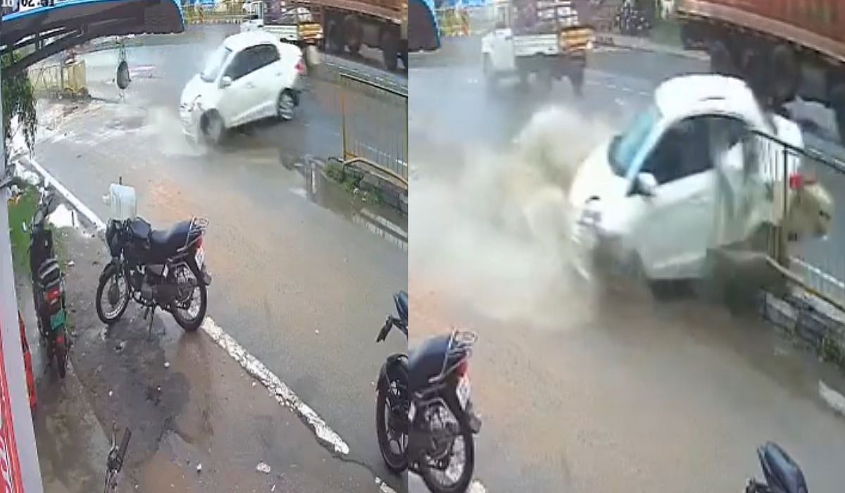 அடக்கடவுளே… சாலையில் வேகமாக சென்ற கார்… திடீரென கட்டுப்பாட்டை இழந்து சாலையின் தடுப்பு கம்பியில் மோதி பயங்கர விபத்து… நூலிலையில் உயிர் தப்பிய ஓட்டுனர்… பதற வைக்கும் வீடியோ..!!!