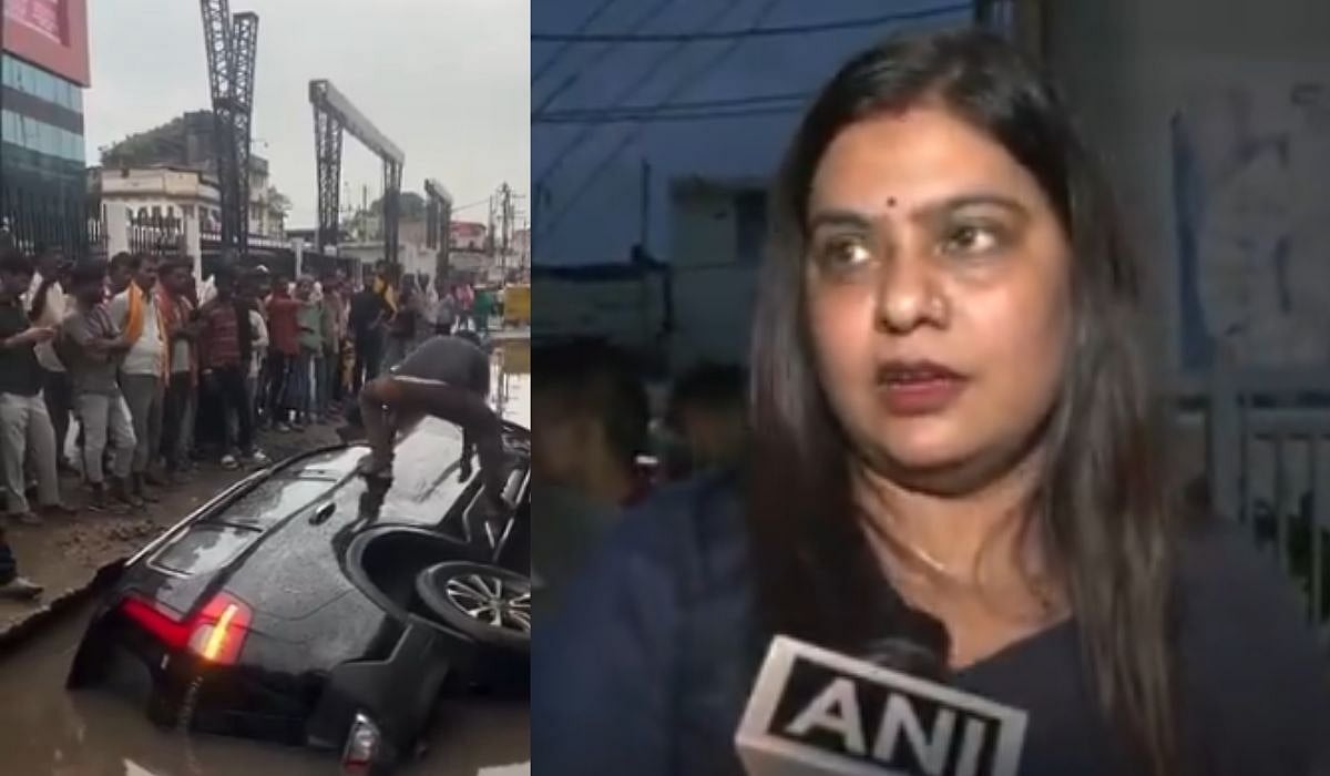 அடக்கடவுளே… சாலையில் தேங்கி கிடந்த நீர்… பள்ளத்தில் விழுந்த கார்… நல்ல வேளை யாருக்கும் ஒன்னும் ஆகல… எப்படி தெரியுமா?… வீடியோ வைரல்…!!!