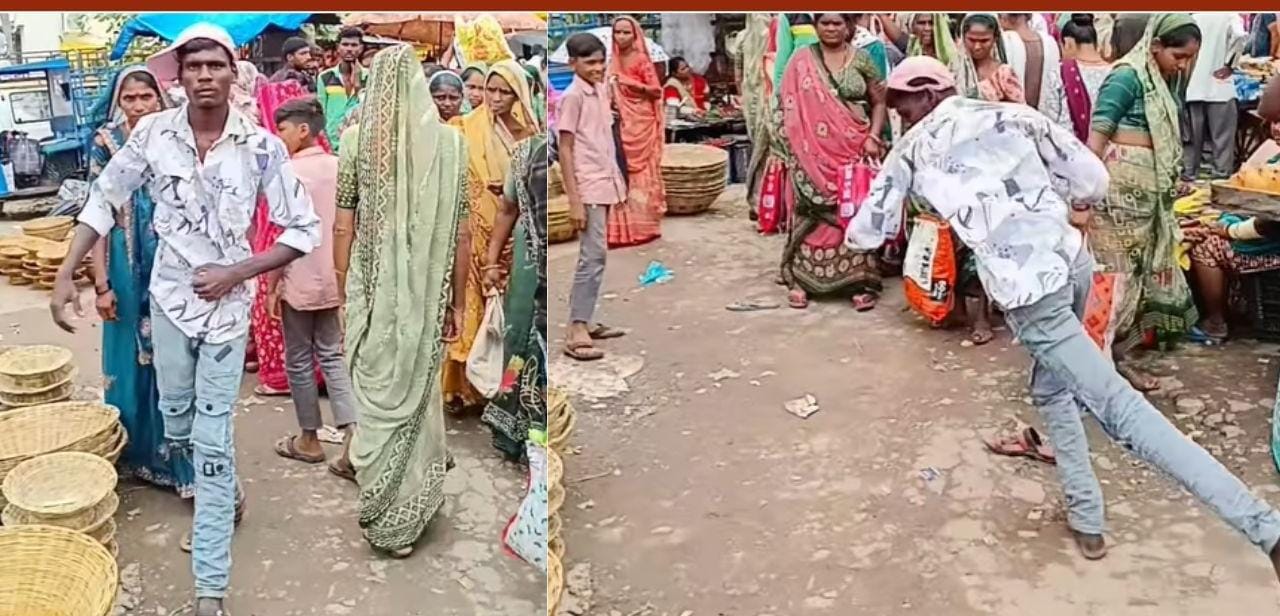 அடேய்… என்ன டா பண்ற… பஜாரில் ஆவேசமாக நடனமாடிய வாலிபர்… பயந்து ஓடிய பொதுமக்கள்… வைரலாகும் வீடியோ…!!!