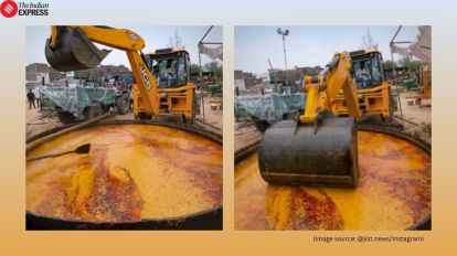 சமைக்க கரண்டி பயன்படுத்தி பார்த்திருக்கிறோம்… ஆனா இங்க ஒரு பெரிய பாத்திரத்தில் தால் செய்றாங்க… அதுக்கு ஜேசிபி- யை வைத்து… வைரலாகும் வீடியோ…!!!