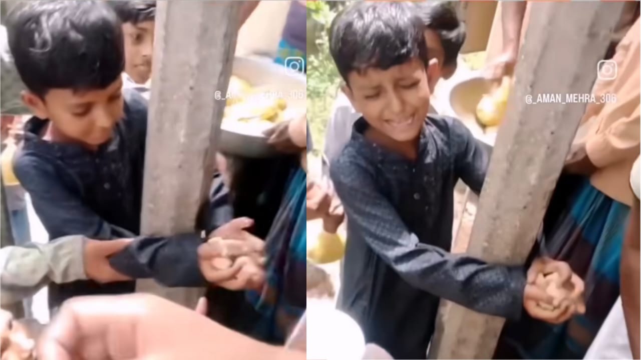 அடக்கடவுளே..! “கைக்கு எட்டியது வாய்க்கு எட்டல”… வாங்க தெரியாமல் வாங்கி மாட்டிக்கொண்ட சிறுவன்… பரிதாப வீடியோ..!!