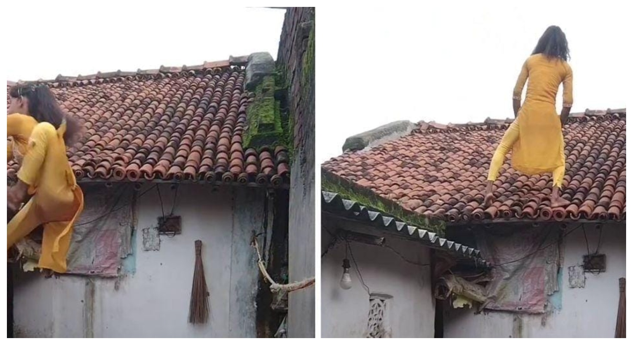 “ரீல்ஸ் மோகம்”… ஓட்டு வீட்டின் மேல் ஏறி நின்று ஷாருக்கான் போஸ் கொடுத்த பெண்… வைரல் வீடியோ..!!!