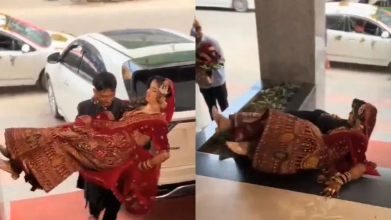 திரைப்பட பாணியில் ரொமான்டிக்காக மணமகளை தூக்கி சென்ற மாப்பிள்ளை…. இறுதியில் நடந்த டுவிஸ்ட்… வைரலாகும் வீடியோ…!!!