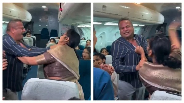 “நடுவானில் பறந்த விமானம்”… சட்டையைப் பிடித்த பெண், கழுத்தை நெரித்த ஆண்… பயங்கரமாக வெடித்த சண்டை… பரபரப்பு வீடியோ…!!!