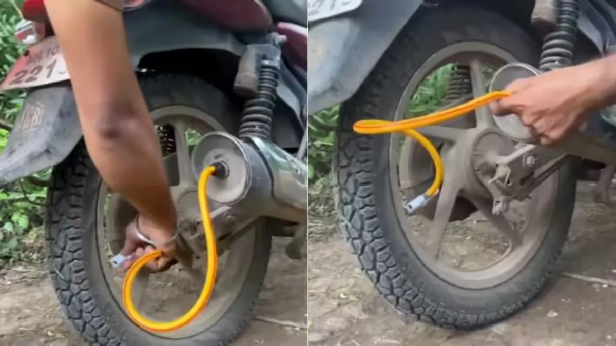 செம ஐடியா…! “பம்பே இல்லாமல் பைக் டயருக்கு காற்றடித்த நபர்”… எப்படி தெரியுமா..? நீங்க ரொம்ப புத்திசாலிதான்… ஆச்சரிய வீடியோ..!!