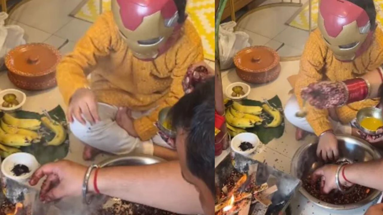 என்ன ஒரு புத்திசாலித்தனம்…. ஹோமம் பூஜையின் போது முகத்தில் மாஸ்க் அணிந்து அமர்ந்திருந்த சிறுமி… ஏன் தெரியுமா?.. வைரலாகும் வீடியோ…!!!
