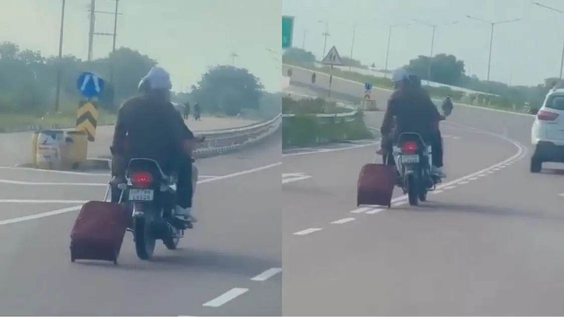“Highways are good”… சாலையில் பைக்கில் சென்ற நபர்… நடுரோட்டில் சூட்கேஸை தர தரவென இழுத்து சென்று… வைரலாகும் வீடியோ…!!!