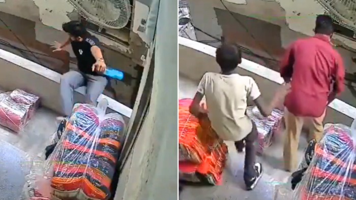 நொடியில் நடந்த அசம்பாவிதம்…. 3வது மாடியிலிருந்து விழுந்த நபர்…. நல்லவேளை உயிர் தப்பிச்சிட்டார்…. வைரலாகும் காணொளி….!!