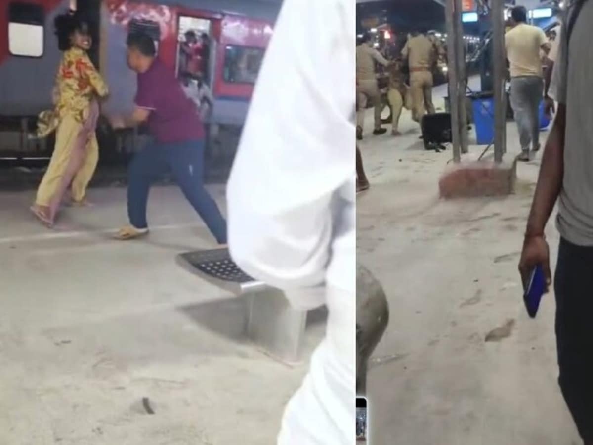 ரயில்வே ஸ்டேஷனில் ஓட ஓட விரட்டி கொடூரமாக தாக்கிய திருநங்கை…! “உயிருக்கு பயந்து ஓடிய போலீஸ்காரர்”… நடந்தது என்ன..? வைரலாகும் அதிர்ச்சி வீடியோ…!!!
