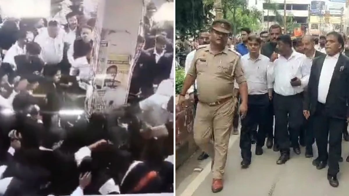 கோர்ட் வளாகத்தில் வழக்கறிஞருக்கும், போலீசுக்கும் இடையே நடந்த மோதல்… 2 பேர் பலத்த காயம்… வைரலாகும் அதிர்ச்சி வீடியோ…!!!