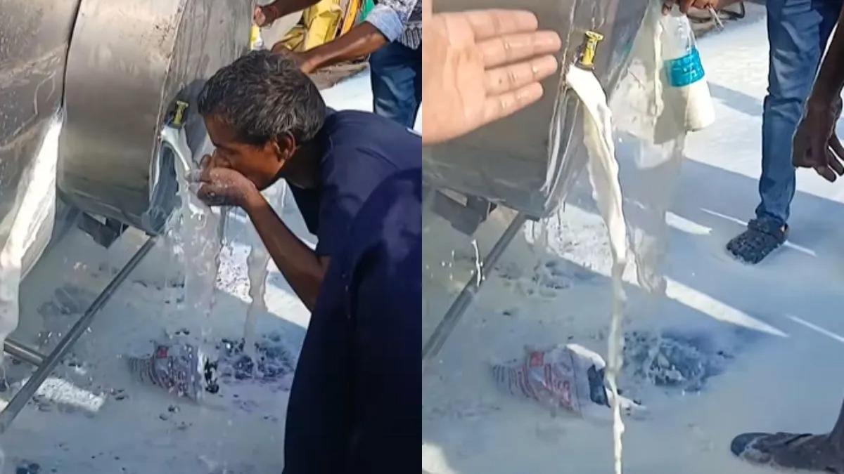 “சாலையில் கவிழ்ந்த பால் லாரி”… வயிறு ஃபுல்லா குடிச்சிட்டு பாட்டிலில் புடிச்சிட்டு போன மக்கள்… வைரலாகும் வீடியோ..!!