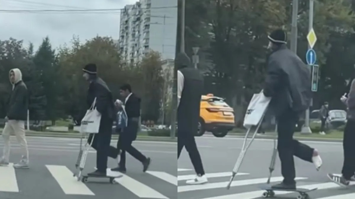 உடைஞ்சி போன காலுடன்….  SKATEBOARD-ல் சுத்தும் இளைஞர்….. வேணும்னு உடைச்சிருப்பாரோ….. வைரலாகும் காணொளி….!!
