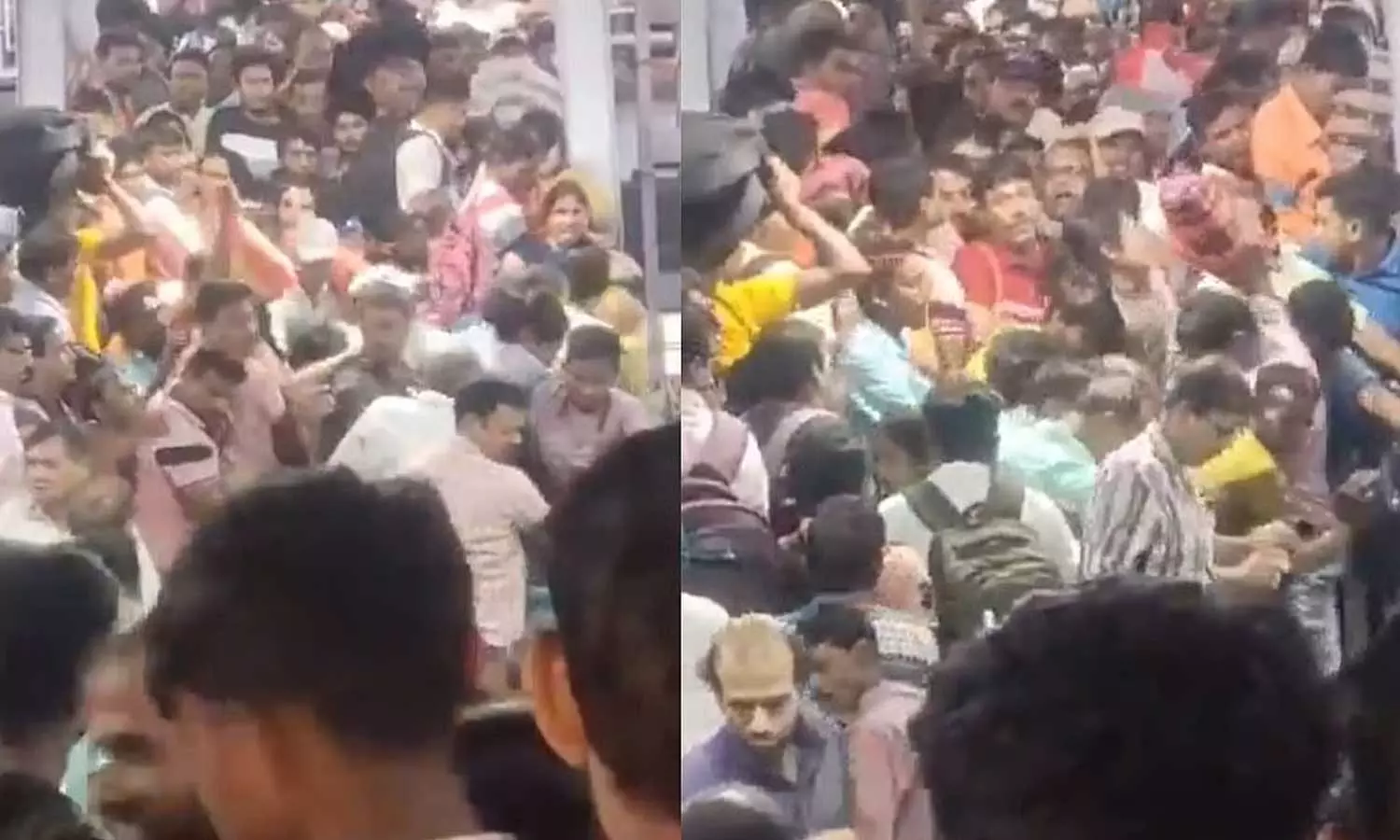 பண்டிகை நாட்கள்…. ஒரே நேரத்தில் 2 நடை மேடைக்கு வந்த ரயில்கள்… திடீரென ஏற்பட்ட தள்ளுமுள்ளு… 8 பேர் காயம்… வைரலாகும் அதிர்ச்சி வீடியோ…!!!