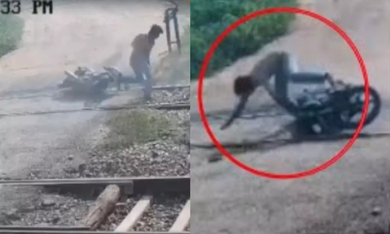 மூடப்பட்டிருந்த ரயில்வே கேட்… உள்ளே நுழைந்து செல்ல முயன்ற வாலிபர்… திடீரென கட்டுப்பாட்டை இழந்த பைக்…. பதற வைக்கும் வீடியோ…!!!